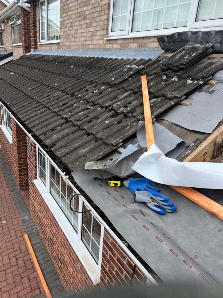 This is a photo of a pitched roof which is being repaired. The existing roof was leaking badly. Works carried out by Market Harborough Roofing Repairs